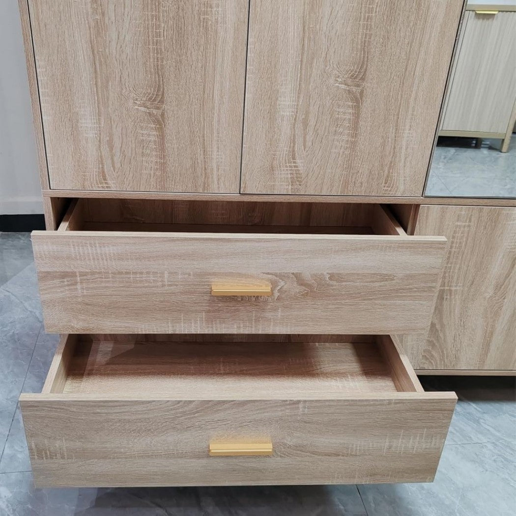 71" Natural Wood Mirrored Four Door Two Drawer Combo Dresser