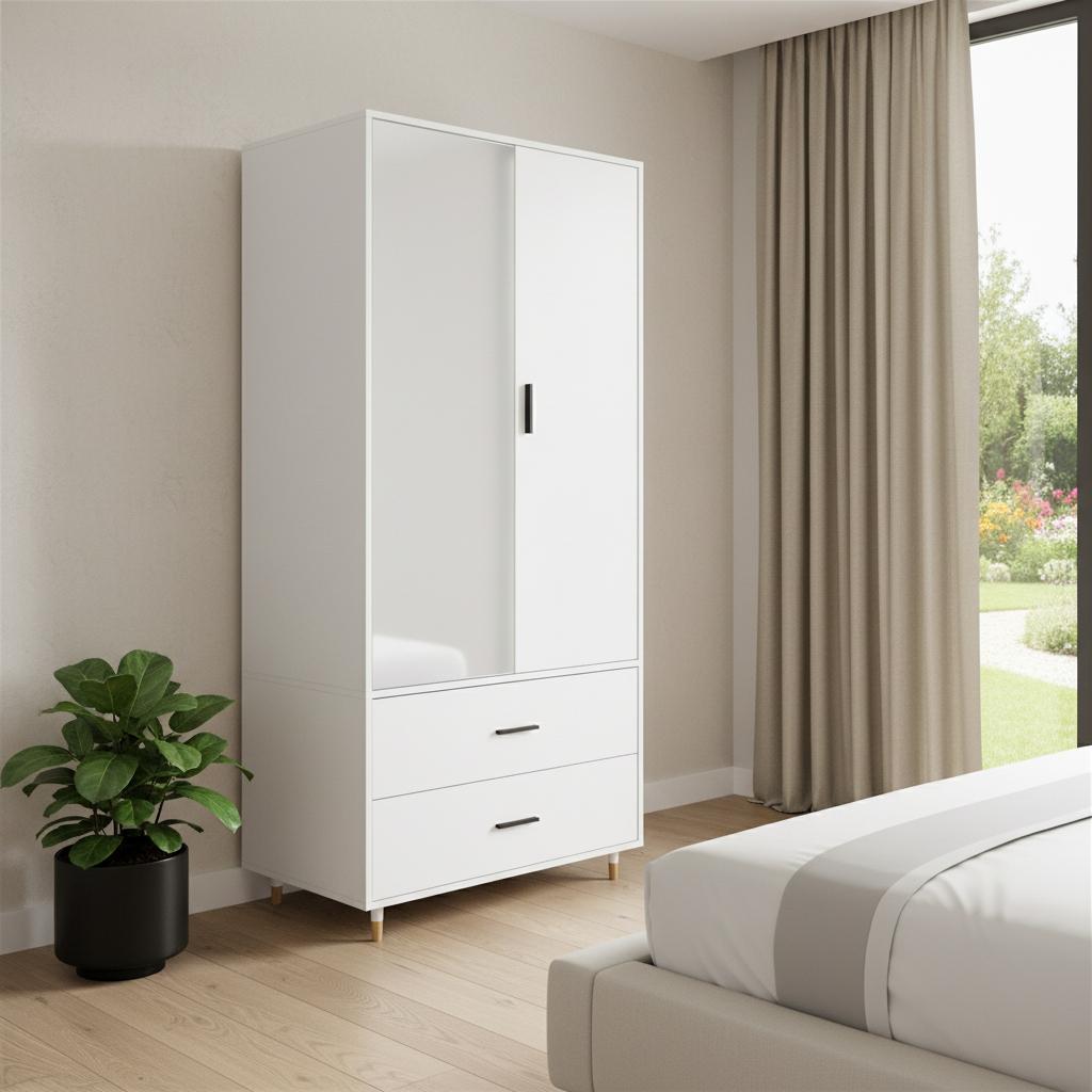 71" White Mirrored Two Door Two Drawer Combo Dresser