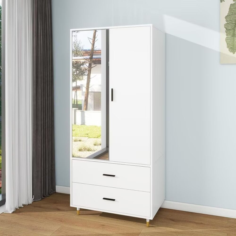 71" White Mirrored Two Door Two Drawer Combo Dresser