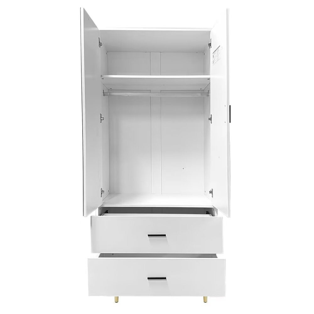 71" White Mirrored Two Door Two Drawer Combo Dresser