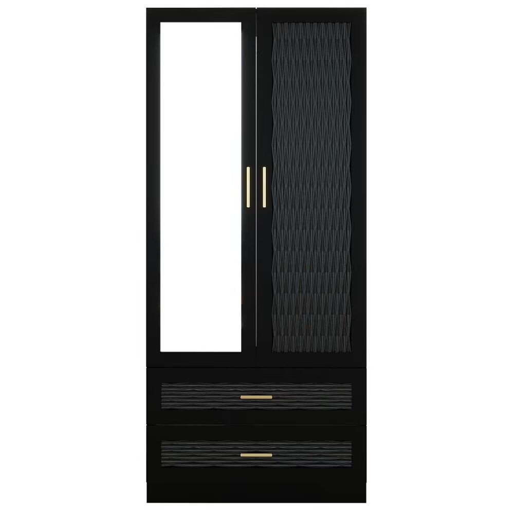 71" Black Carved Geometric And Mirrored Two Door Two Drawer Combo Dresser