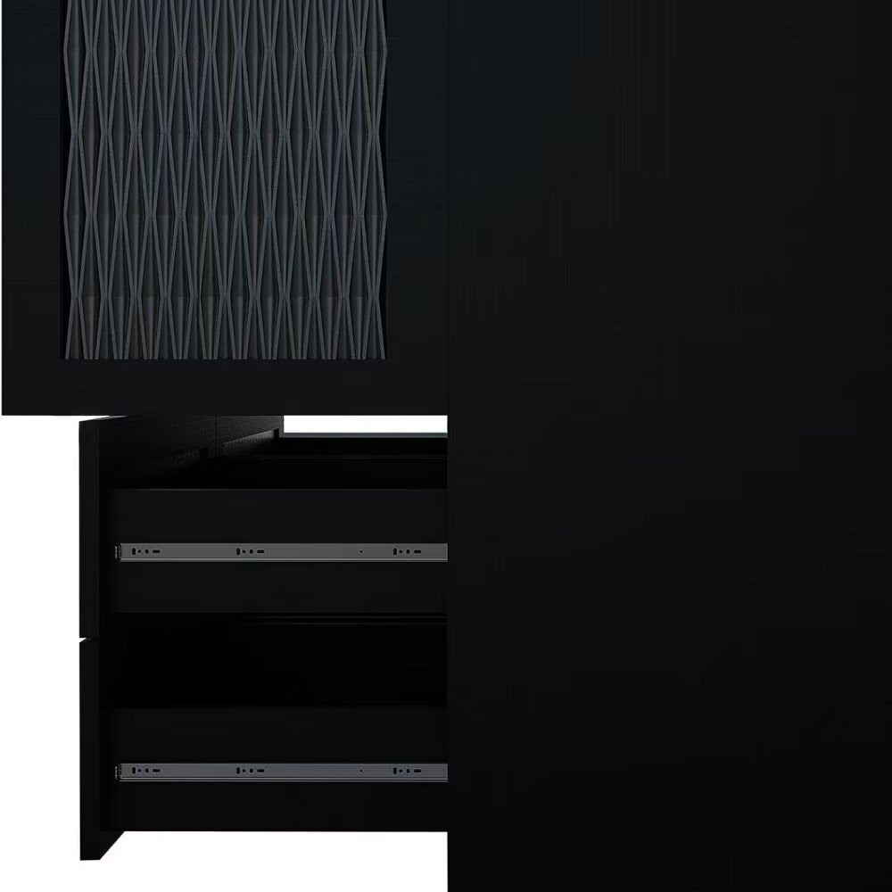 71" Black Carved Geometric And Mirrored Two Door Two Drawer Combo Dresser