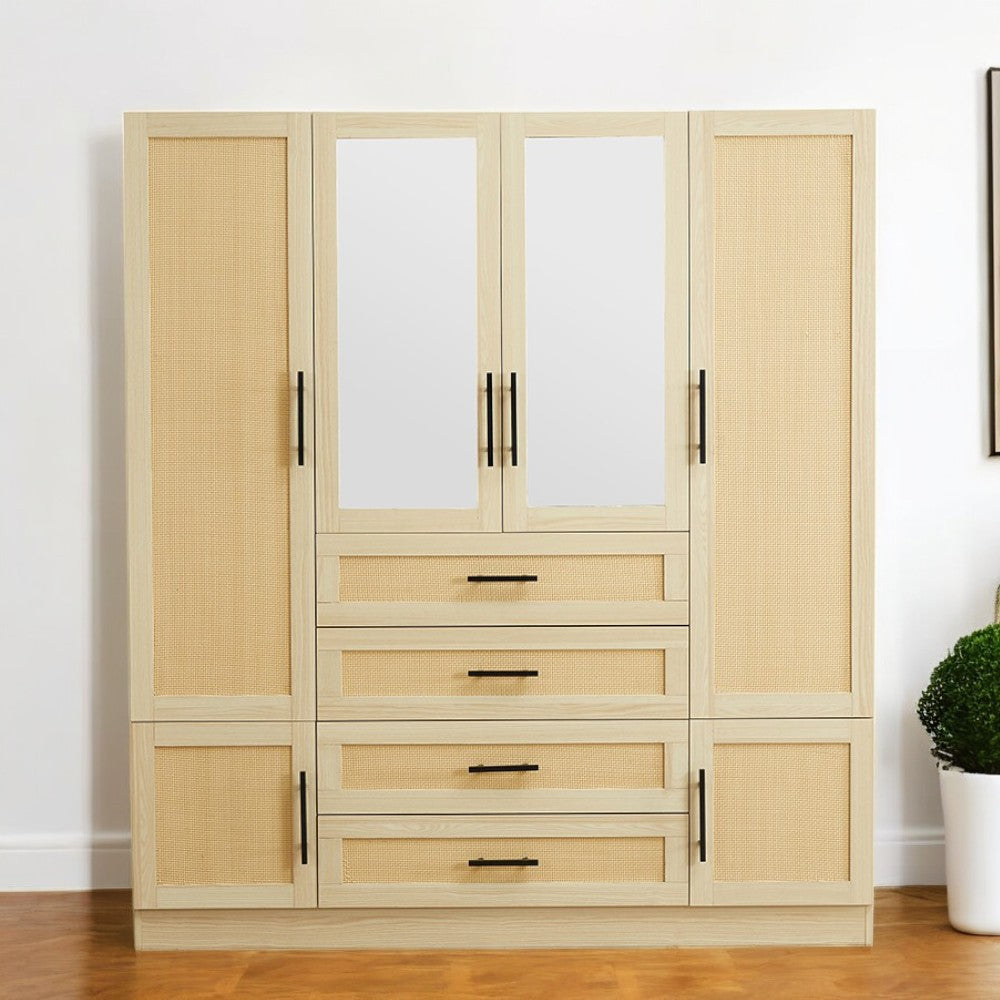 70" Natural Wood And Rattan Mirrored Six Door Four Drawer Combo Dresser