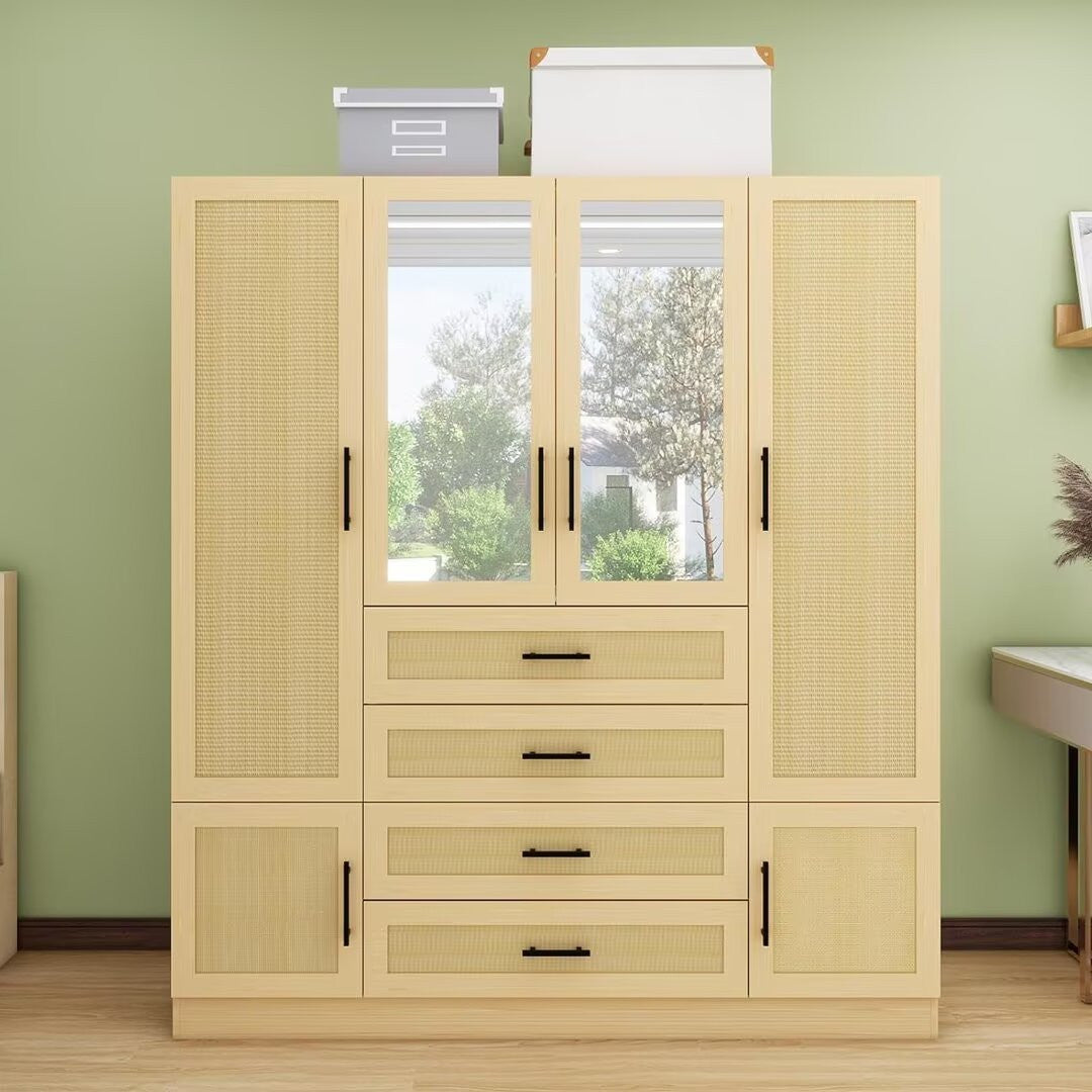 70" Natural Wood And Rattan Mirrored Six Door Four Drawer Combo Dresser