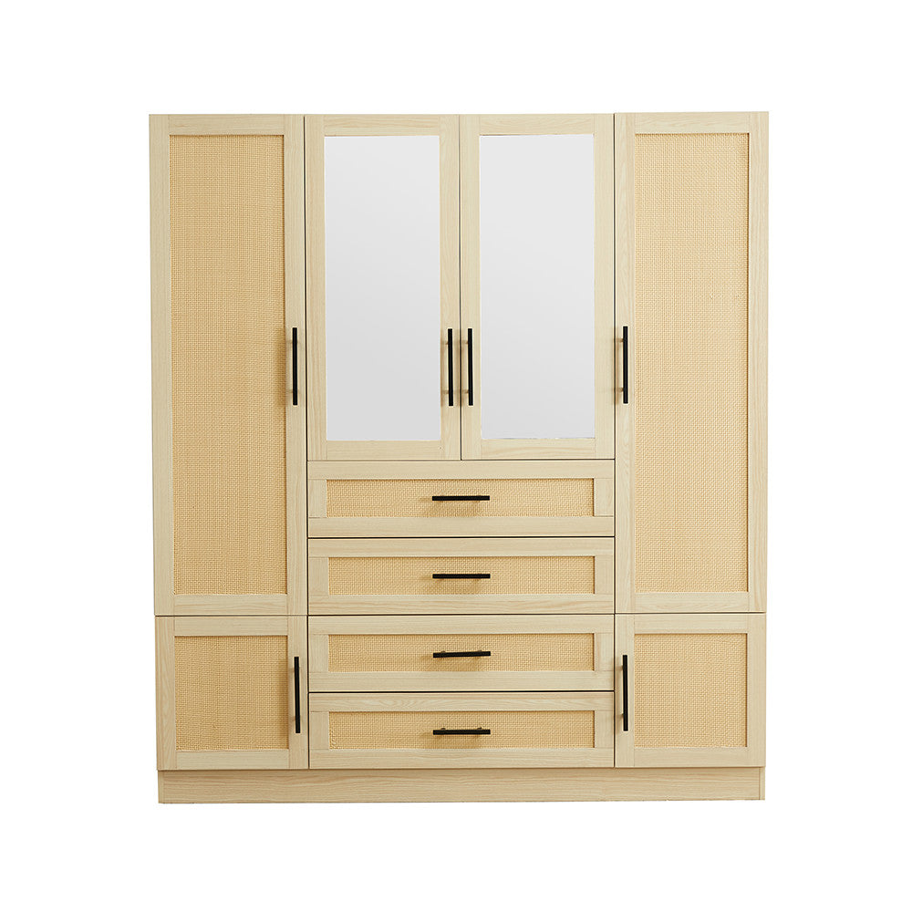 70" Natural Wood And Rattan Mirrored Six Door Four Drawer Combo Dresser