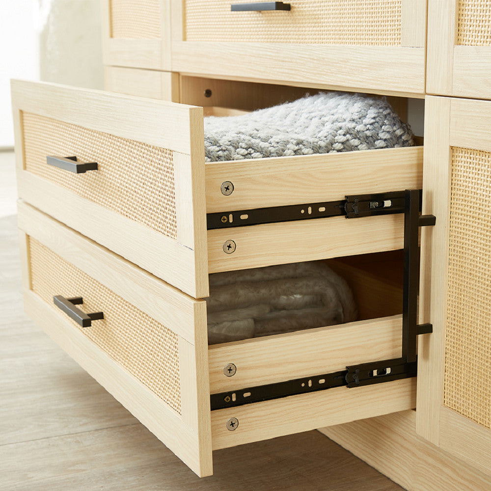 70" Natural Wood And Rattan Mirrored Six Door Four Drawer Combo Dresser