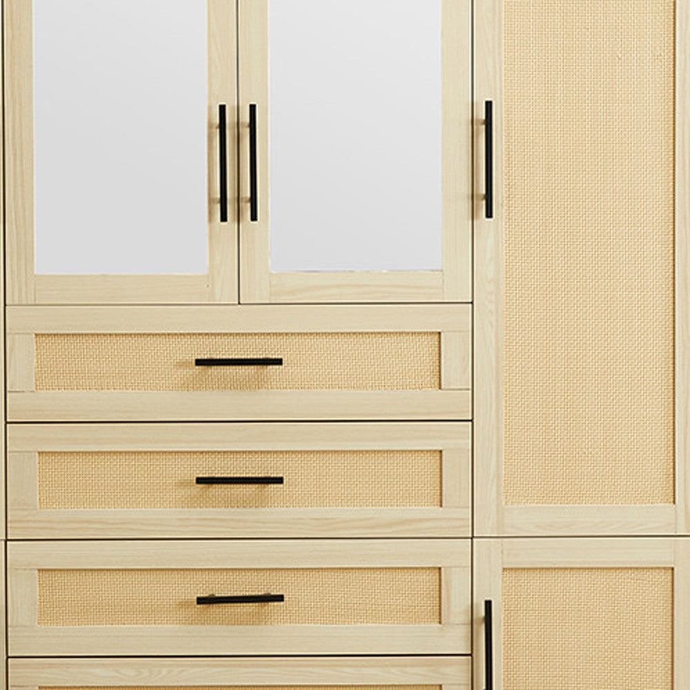70" Natural Wood And Rattan Mirrored Six Door Four Drawer Combo Dresser