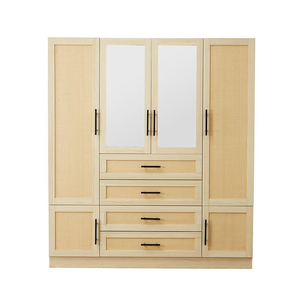 70" Natural Wood And Rattan Mirrored Six Door Four Drawer Combo Dresser