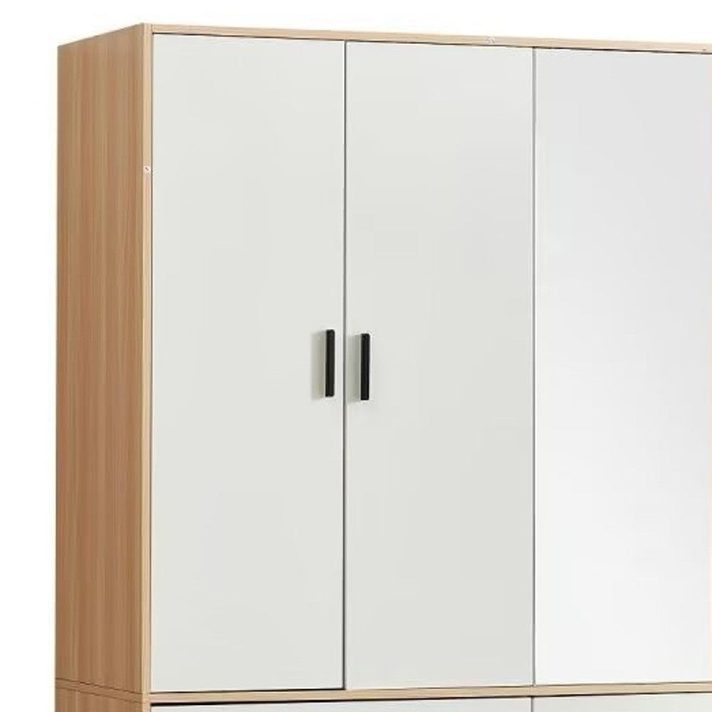 71" White And Natural Mirrored Three Door Three Drawer Combo Dresser