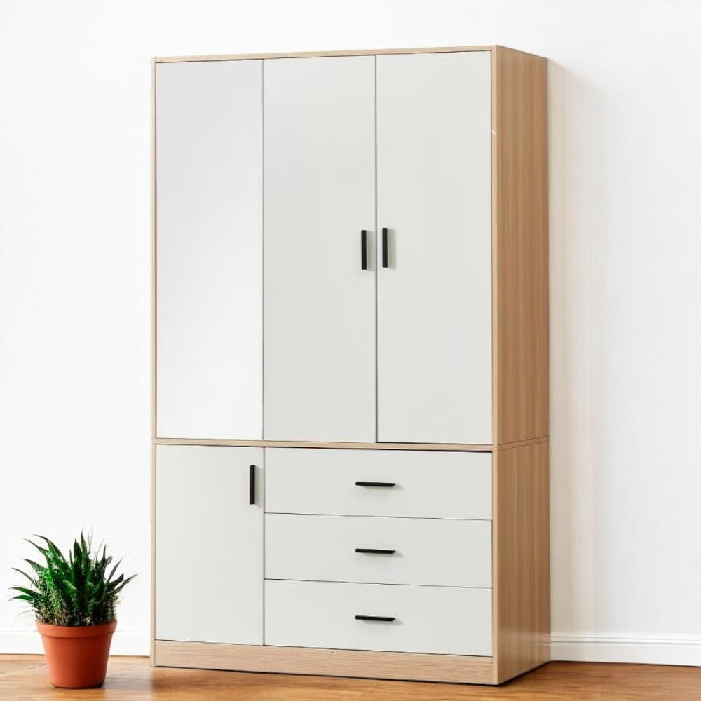 71" White And Natural Mirrored Three Door Three Drawer Combo Dresser