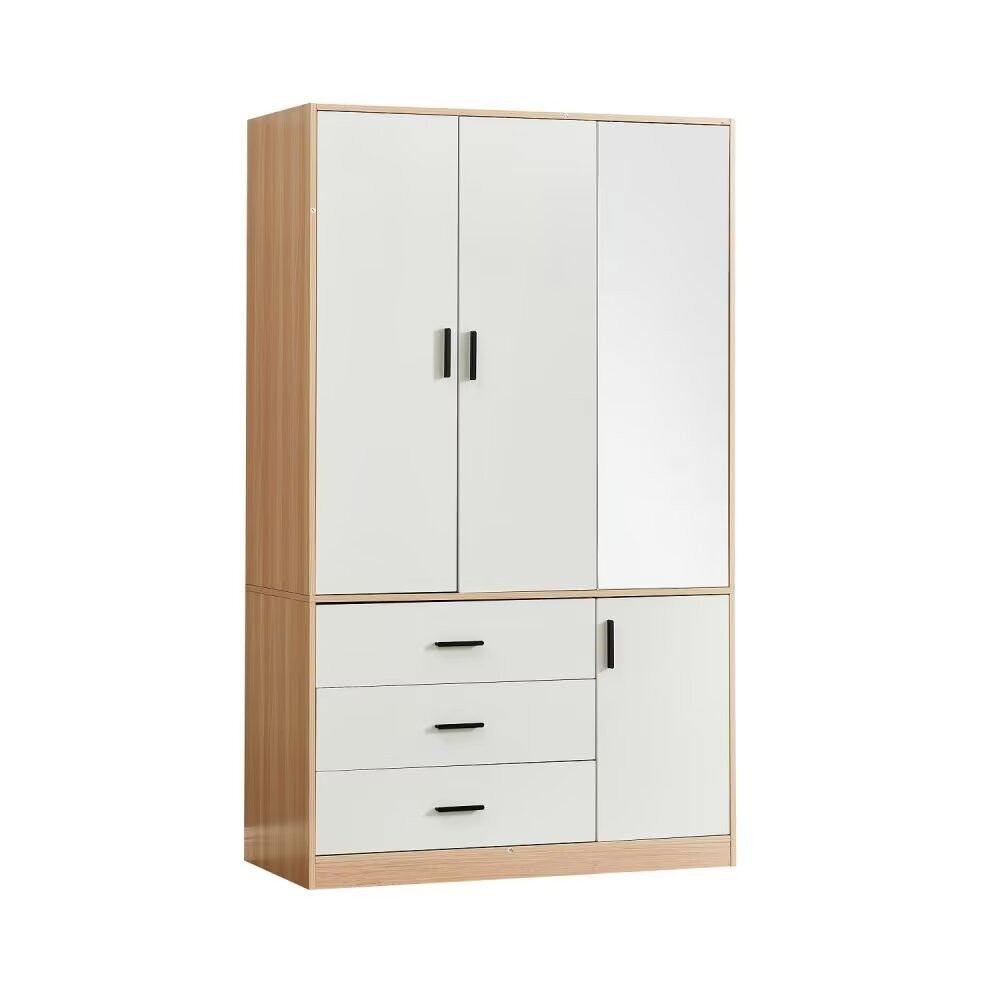 71" White And Natural Mirrored Three Door Three Drawer Combo Dresser