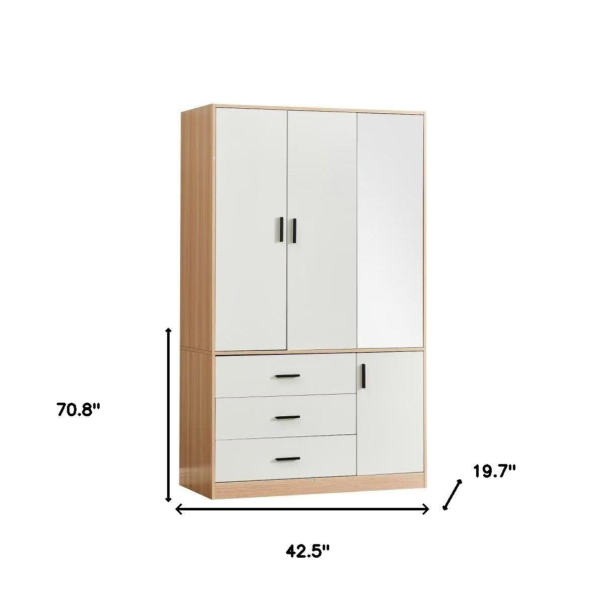 71" White And Natural Mirrored Three Door Three Drawer Combo Dresser