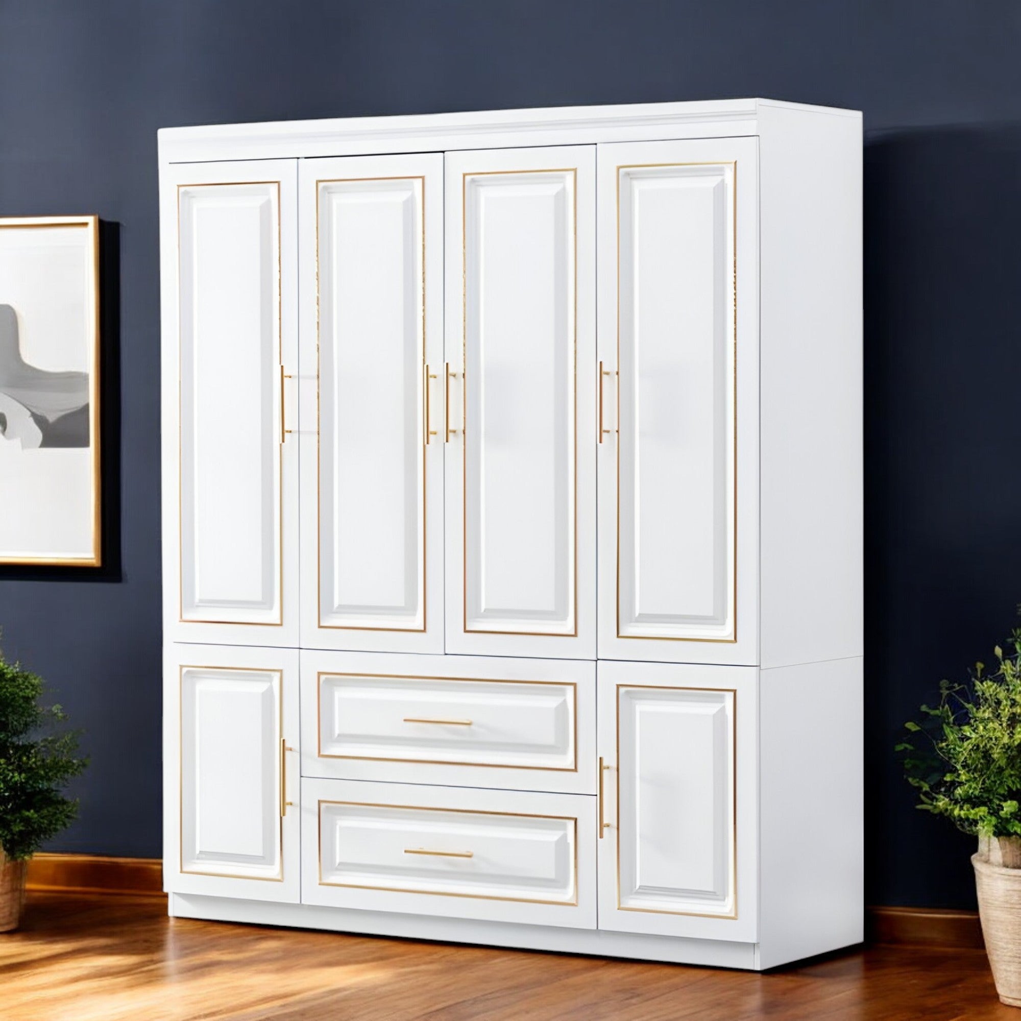 79" Gold And White Six Door Two Drawer Combo Dresser