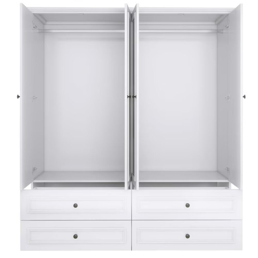 71" White Carved Geometric Mirrored Four Door Four Drawer Combo Dresser