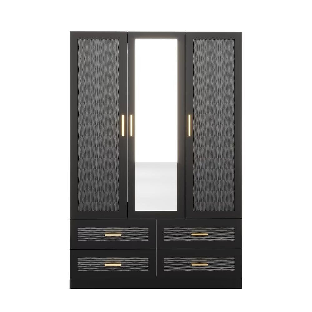 71" Black Carved Geometric Mirrored Three Door Four Drawer Combo Dresser