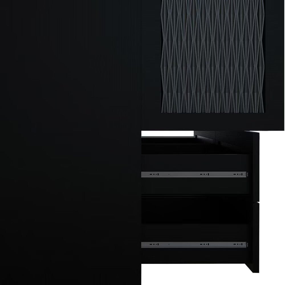 71" Black Carved Geometric Mirrored Three Door Four Drawer Combo Dresser