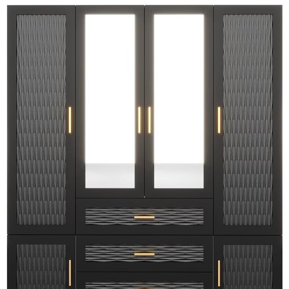 71" Black Gray And Gold Carved Geometric Mirrored Six Door Three Drawer Combo Dresser