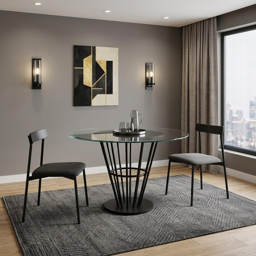 48" Clear And Black Glass And Iron Pedestal Base Round Top Dining Table