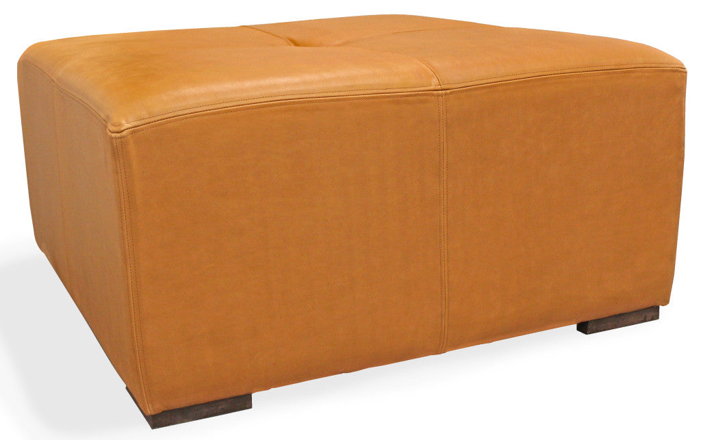 36" Orange Genuine Leather And Solid Wood Square Cocktail Table
