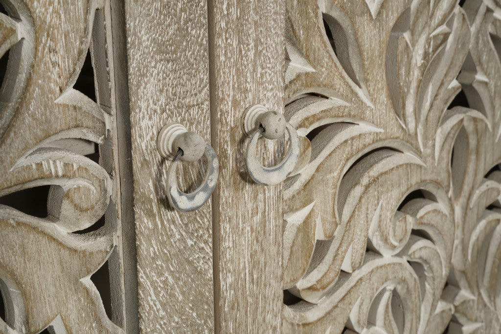 78" Gray Distressed Solid Wood Carved Floral Sideboard with Four Doors
