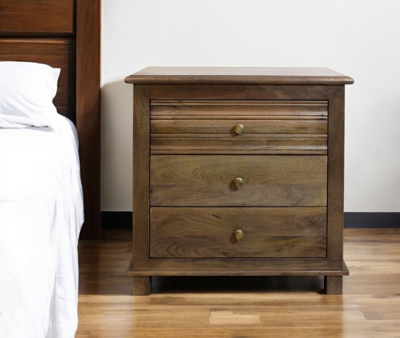28" Distressed Brown Three Drawer Solid Wood Nightstand