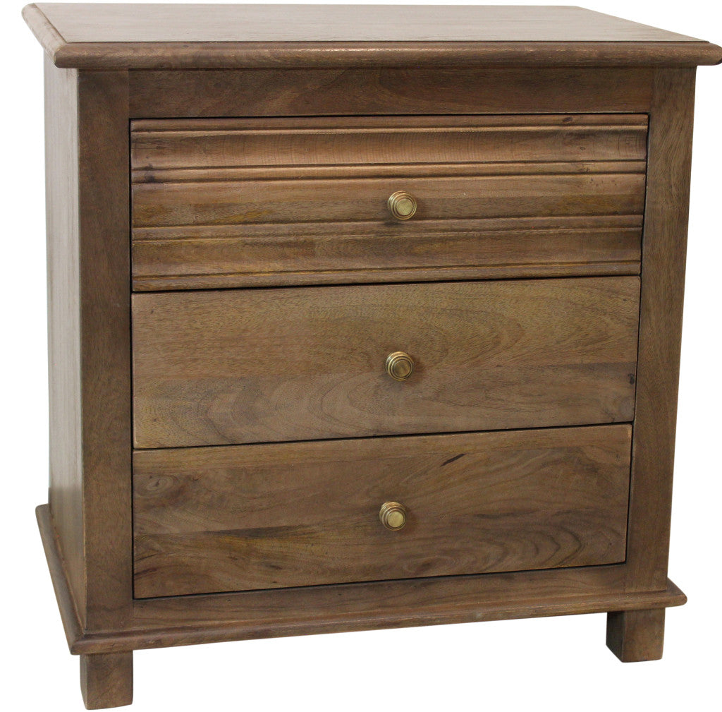 28" Distressed Brown Three Drawer Solid Wood Nightstand