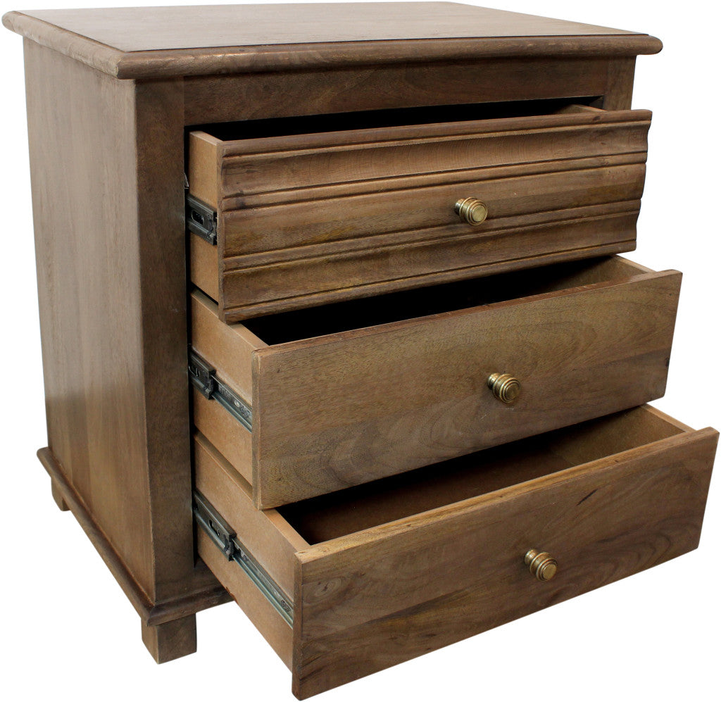 28" Distressed Brown Three Drawer Solid Wood Nightstand