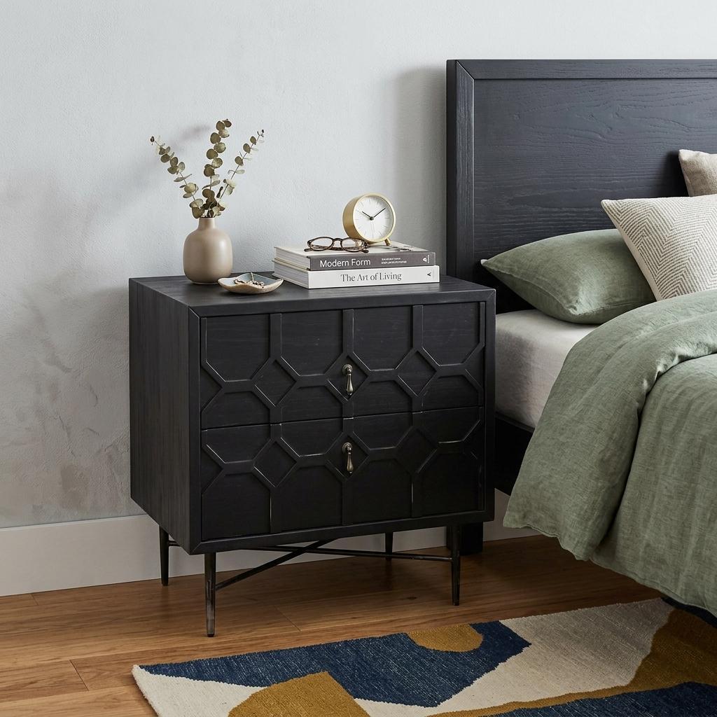 28" Distressed Black Two Drawer Solid Wood Nightstand