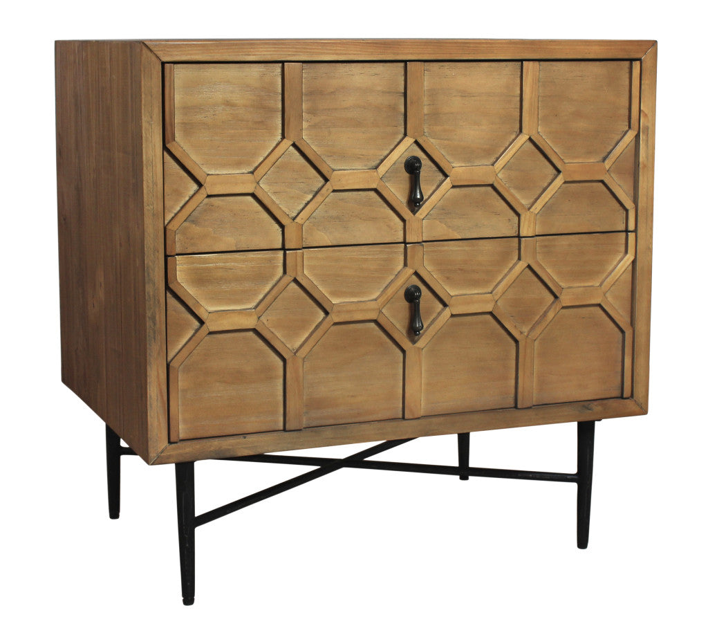 28" Natural Two Drawer Distressed Carved Geometric Solid Wood Nightstand