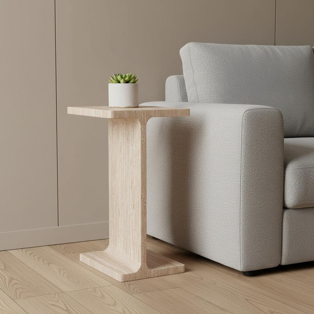 22" Beige Marble Pedestal End Table