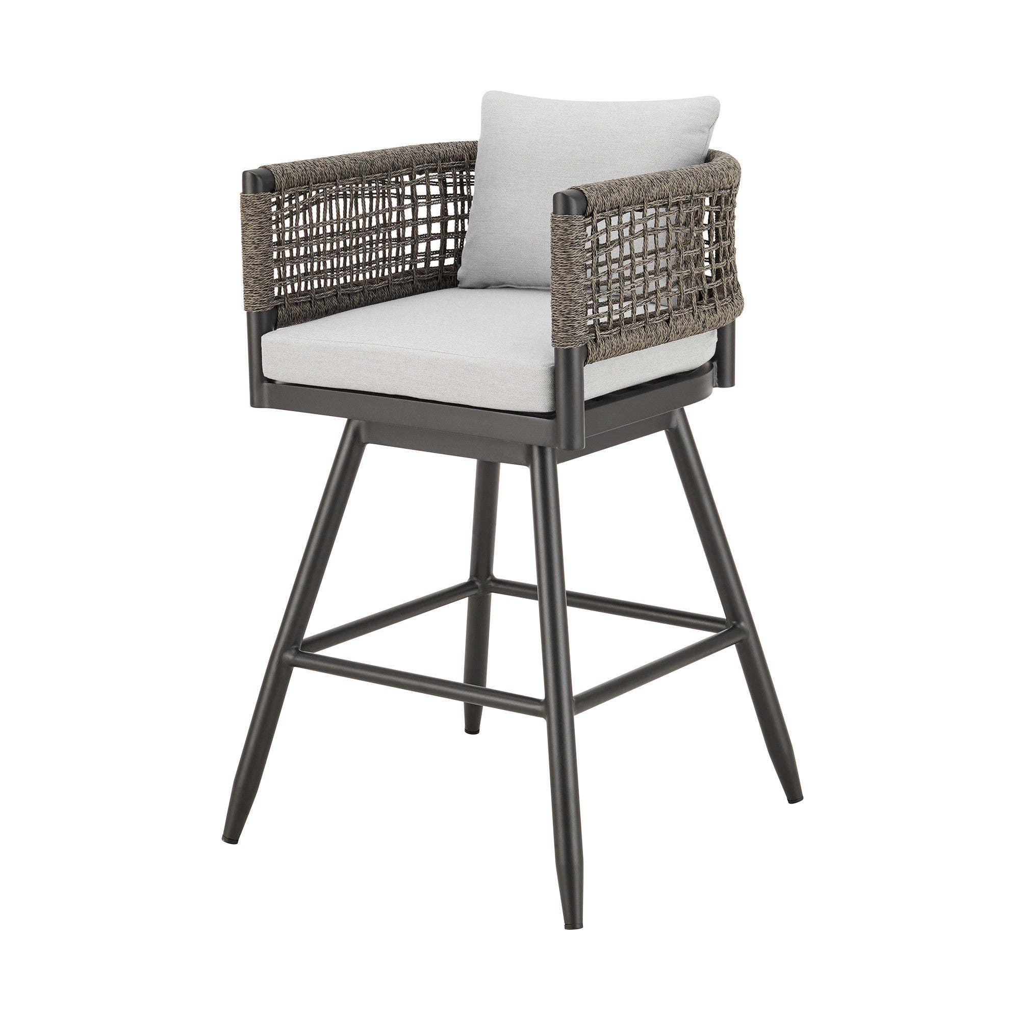 30" Black and Light Gray Aluminum Swivel Rope Back Outdoor Bar Height Chair with Footrest