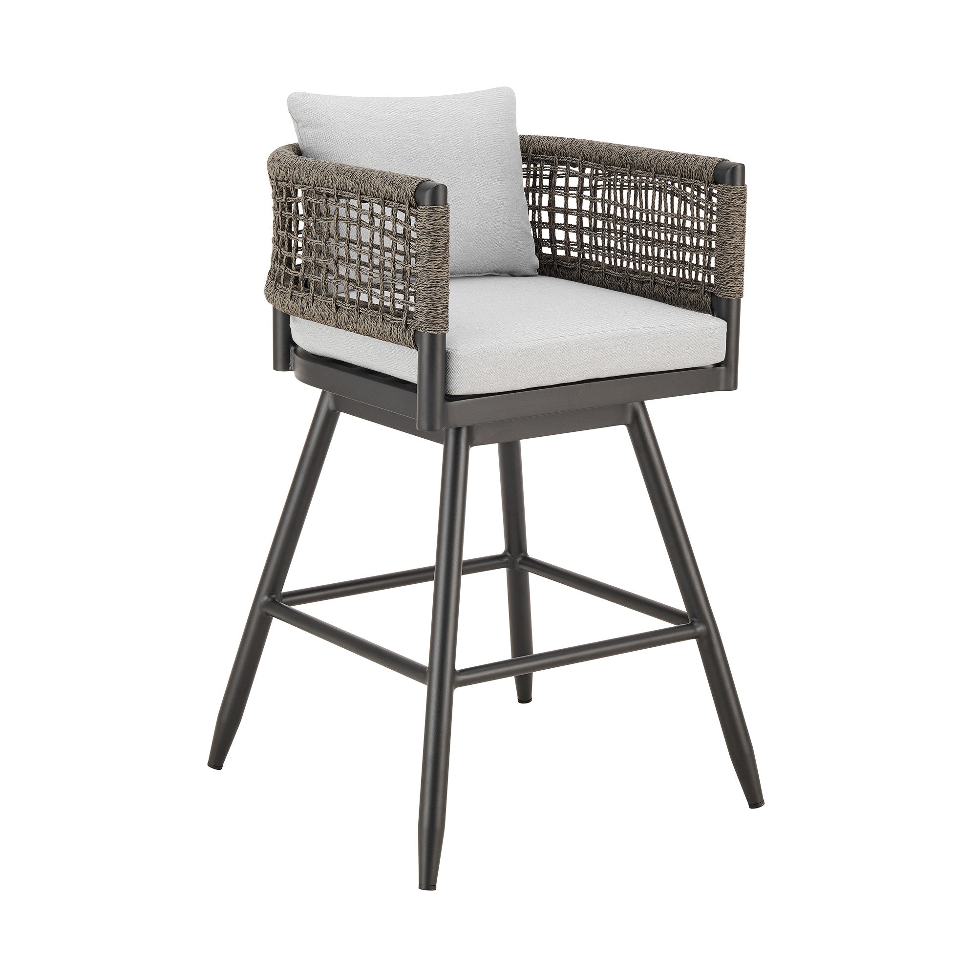 30" Black and Light Gray Aluminum Swivel Rope Back Outdoor Bar Height Chair with Footrest