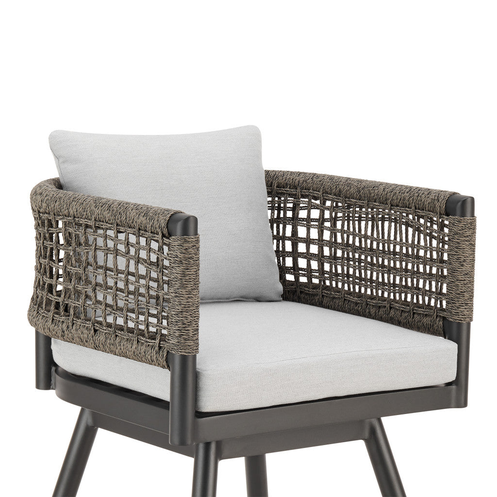 30" Black and Light Gray Aluminum Swivel Rope Back Outdoor Bar Height Chair with Footrest