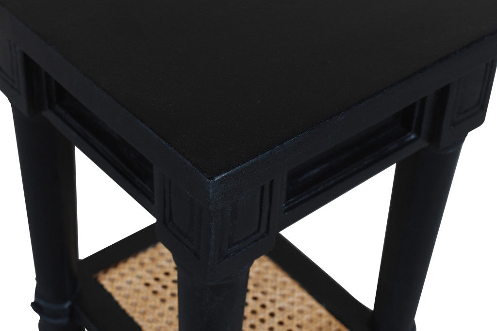 20" Black And Natural Solid Wood And Cane Square End Table With Shelf