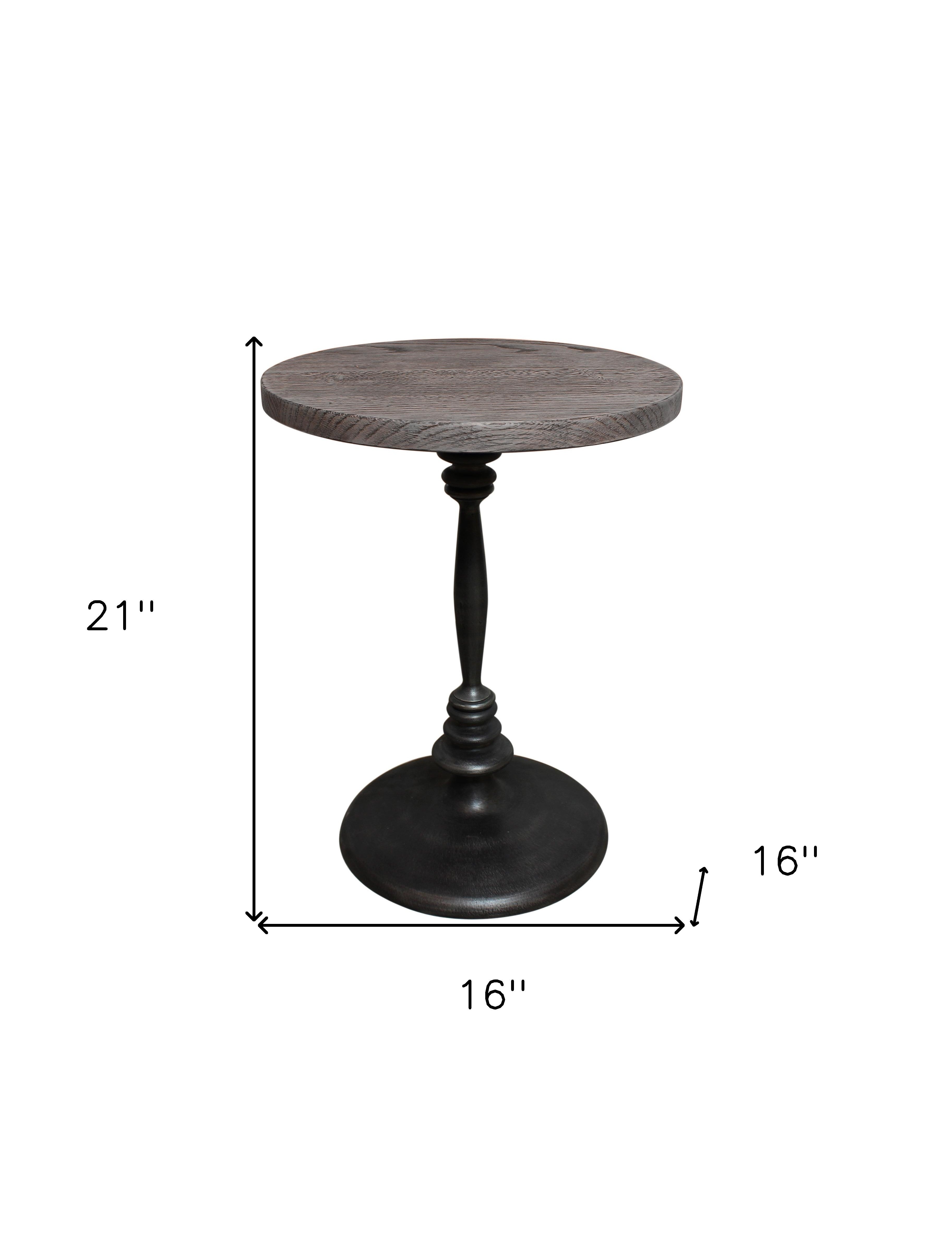 21" Natural and Black Distressed Solid Wood and Iron Round Pedestal End Table