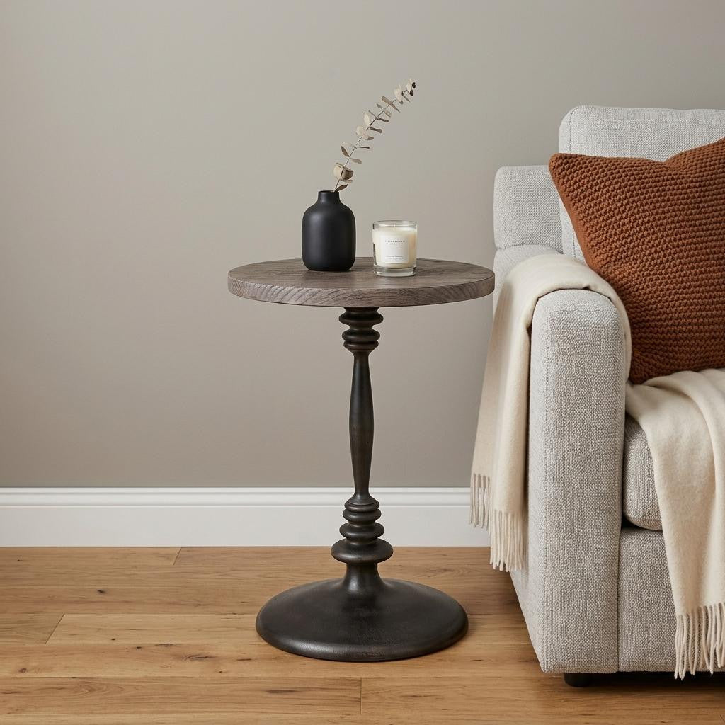 21" Natural and Black Distressed Solid Wood and Iron Round Pedestal End Table