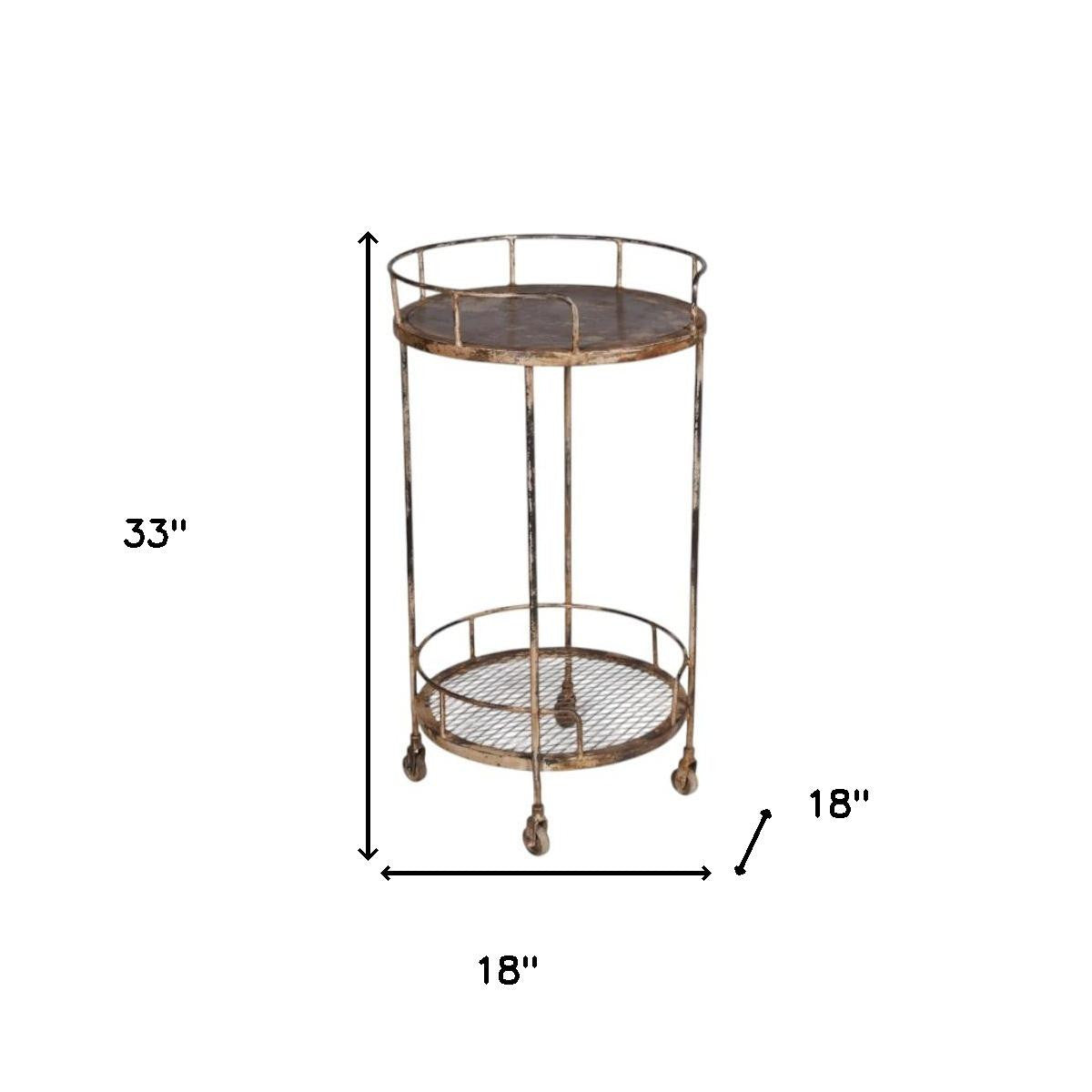 18" Brown Iron Distressed Round Rolling Bar Cart
