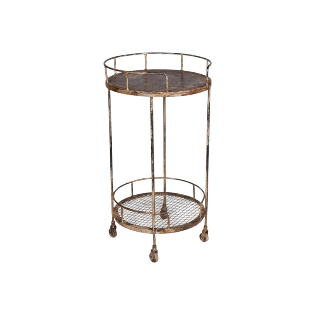 18" Brown Iron Distressed Round Rolling Bar Cart
