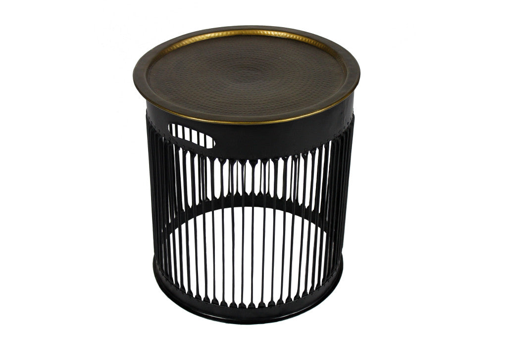22" Brass and Black Round Drum End Table