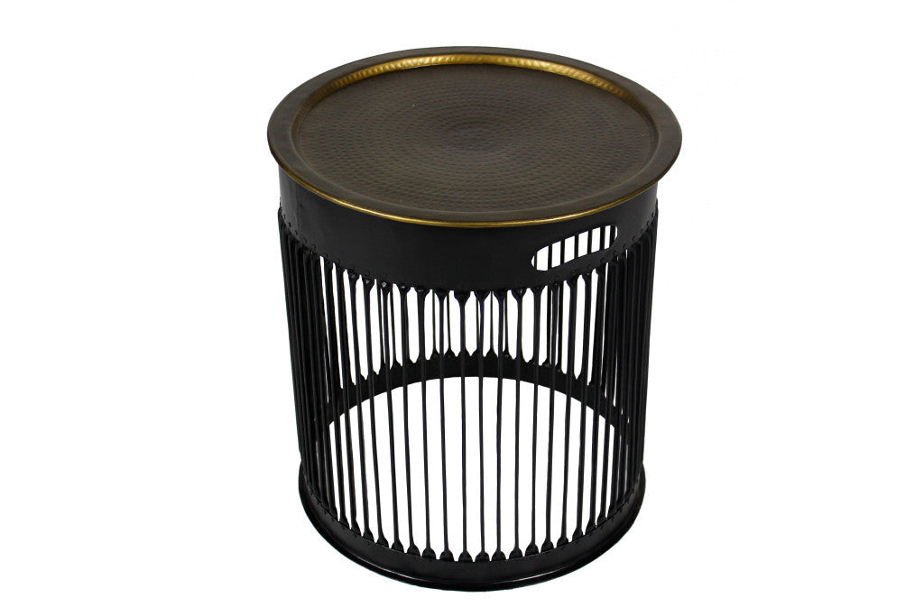 22" Brass and Black Round Drum End Table