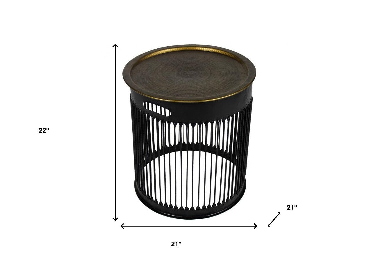 22" Brass and Black Round Drum End Table