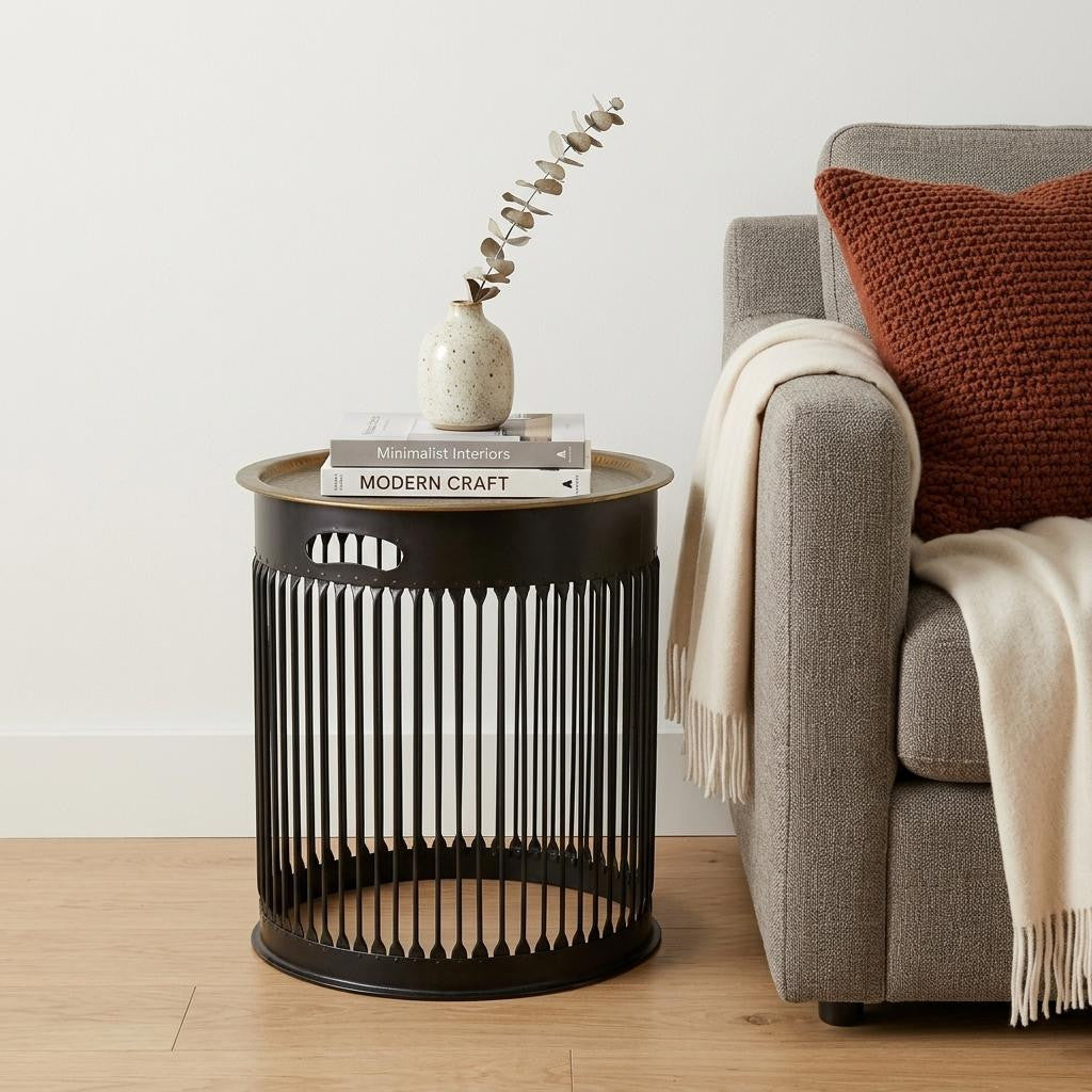 22" Brass and Black Round Drum End Table