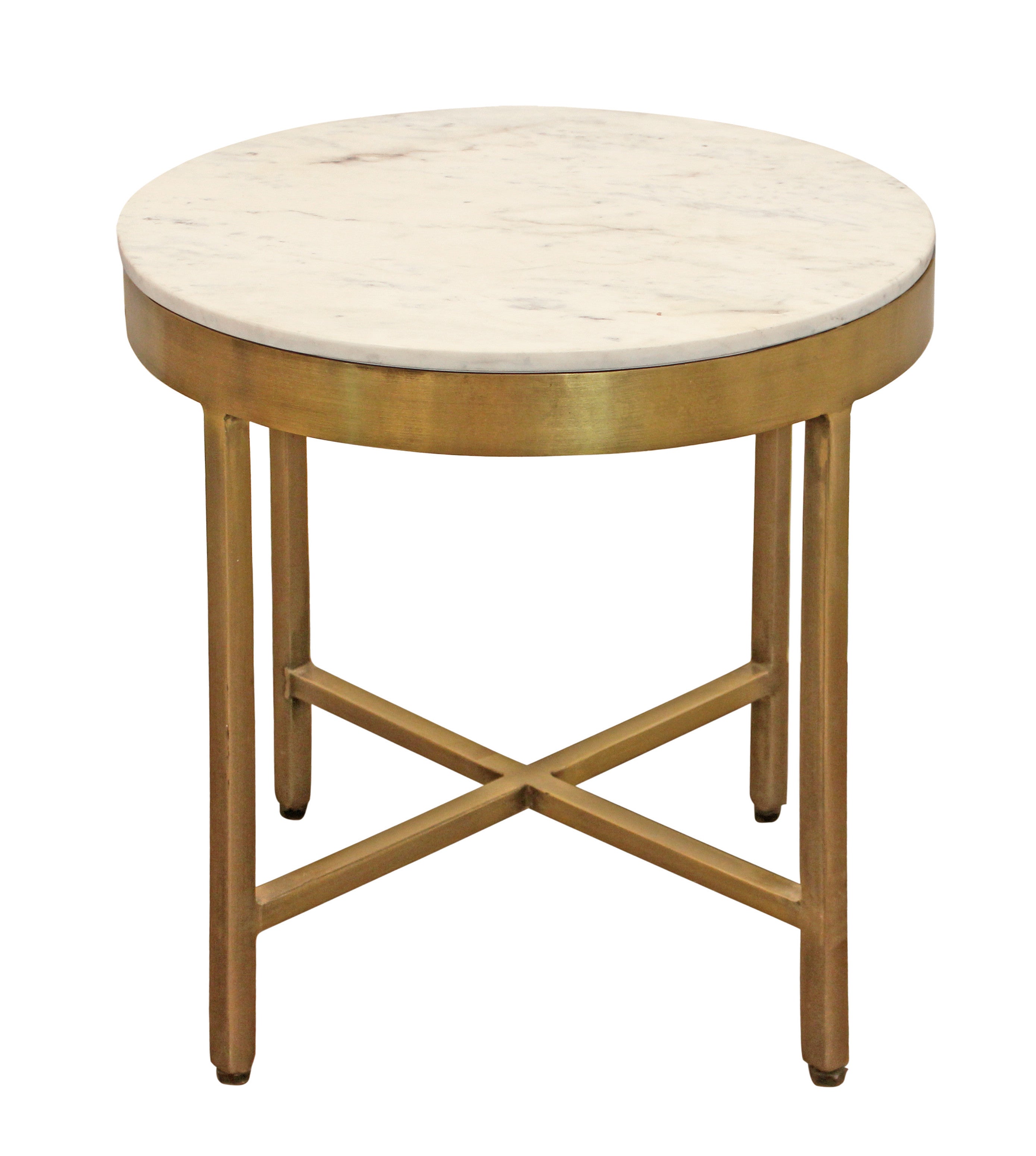 20" Ivory and Brass Marble and Iron Round Cross Legs End Table