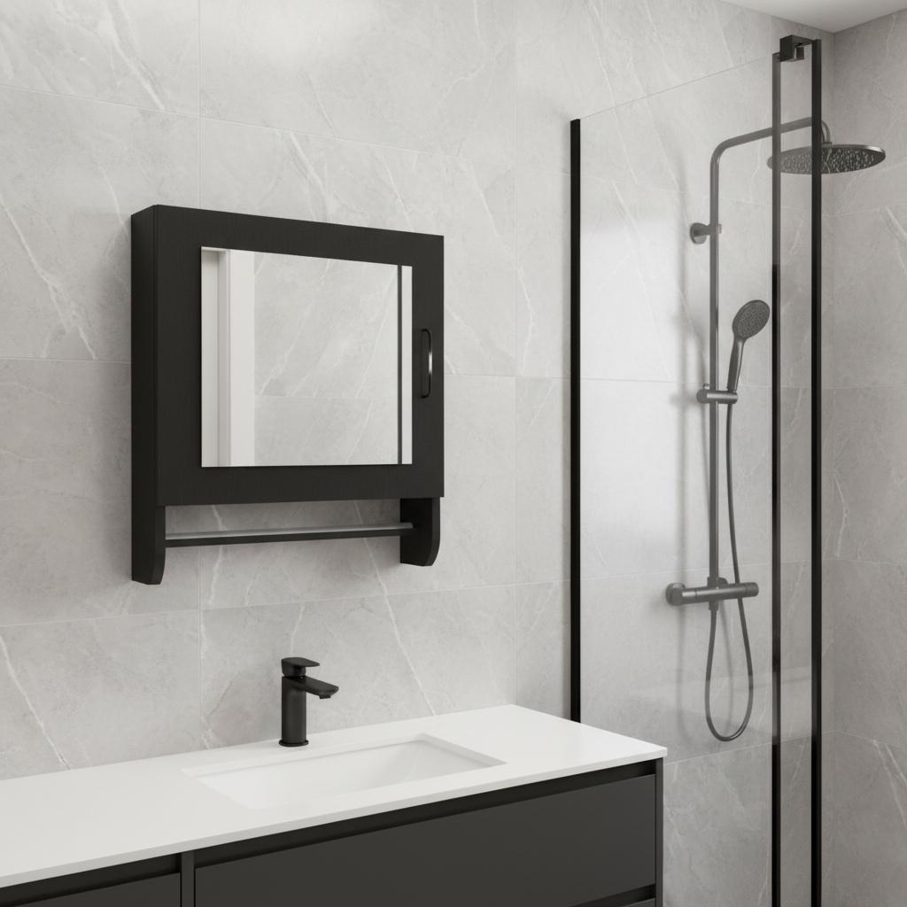 18" Black Wood, Metal Floating Bathroom Vanity And Medicine Cabinet With Mirror