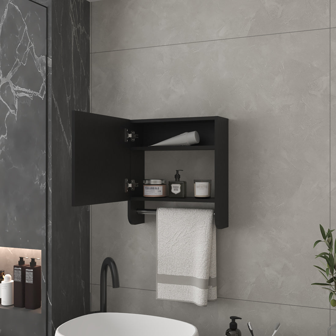 18" Black Wood, Metal Floating Bathroom Vanity And Medicine Cabinet With Mirror