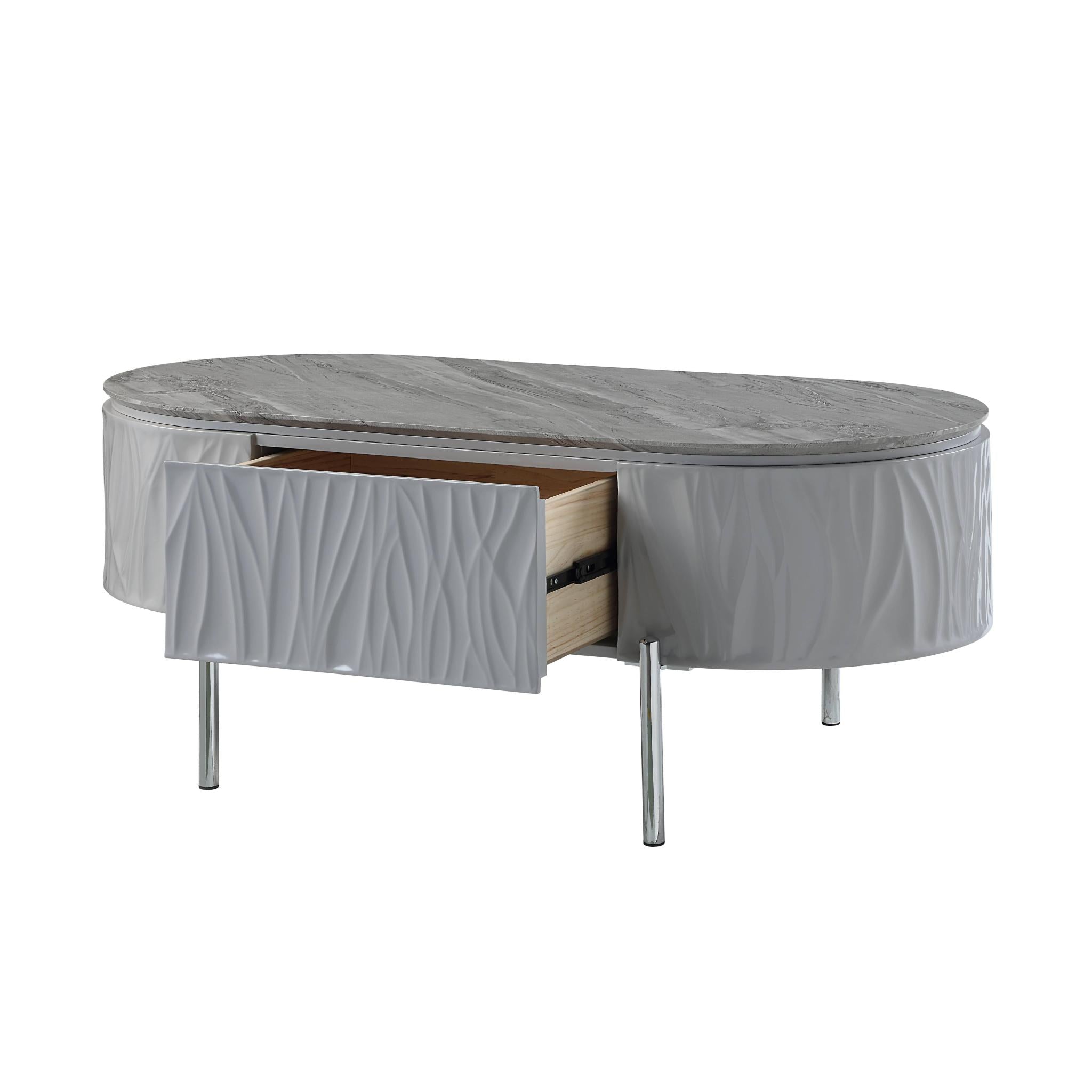 47" Gray Wood and Steel Oval Coffee Table With Drawer
