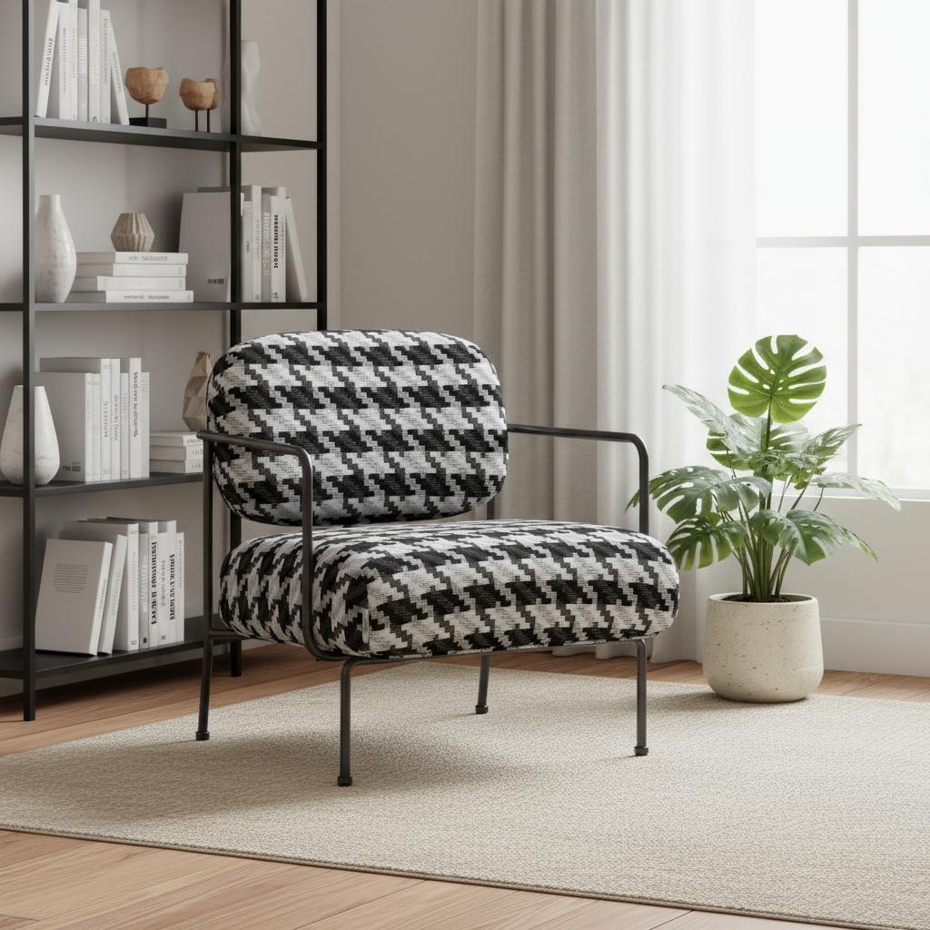 29" Black And White And Black Upholstered Houndstooth Arm Chair