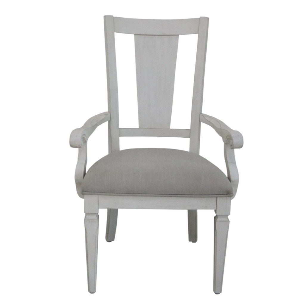Set of Two Light Gray and White Upholstered Linen And Solid Wood Open Back Dining Arm Chairs