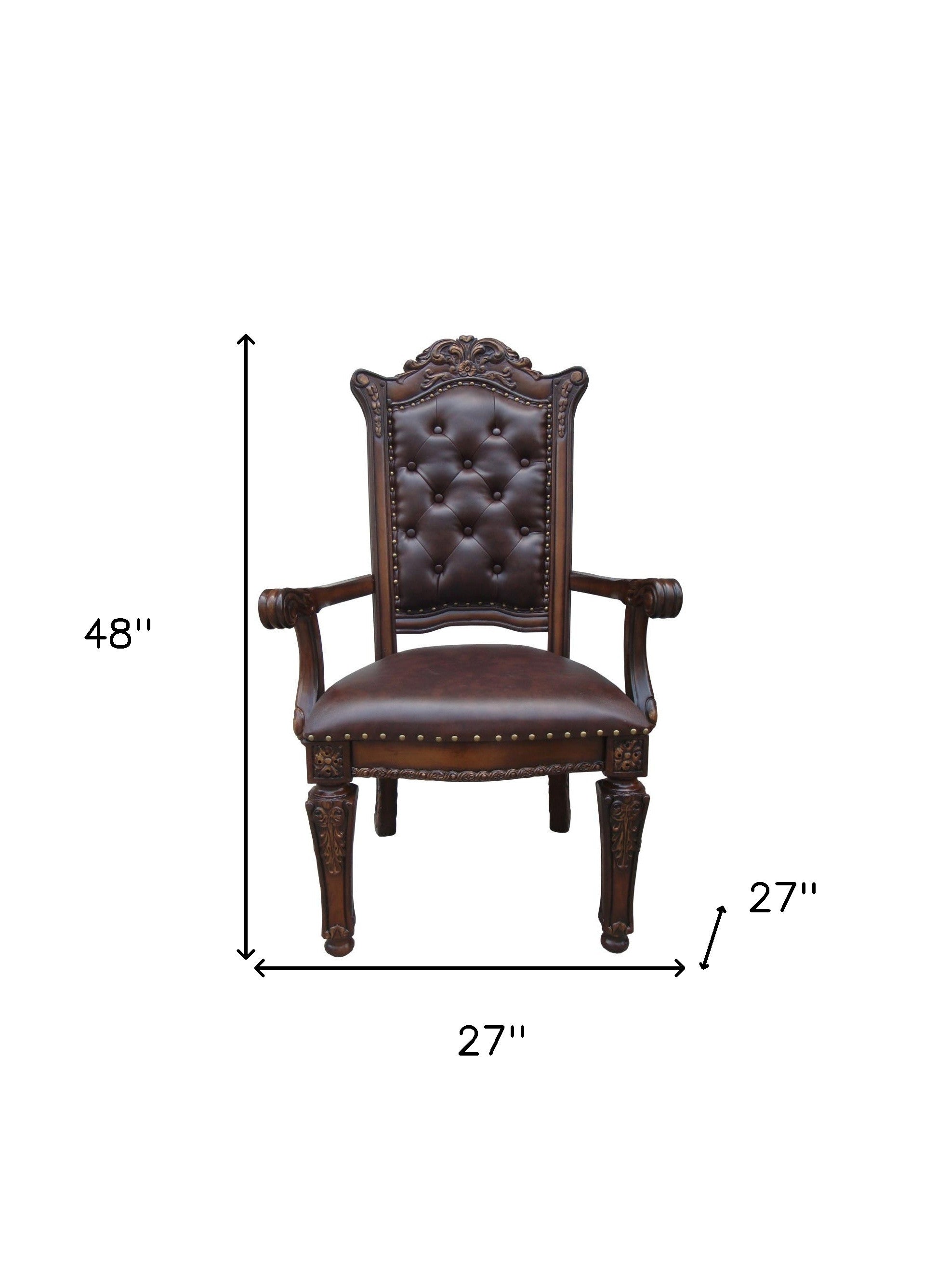 Set of Two Tufted Brown and Redwood Upholstered Faux Leather And Solid Wood Dining Arm Chairs