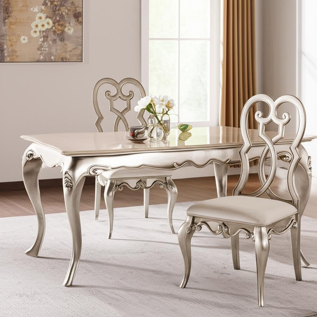 Set of Two Ivory and Champagne Upholstered Velvet And Solid Wood Dining Side Chairs